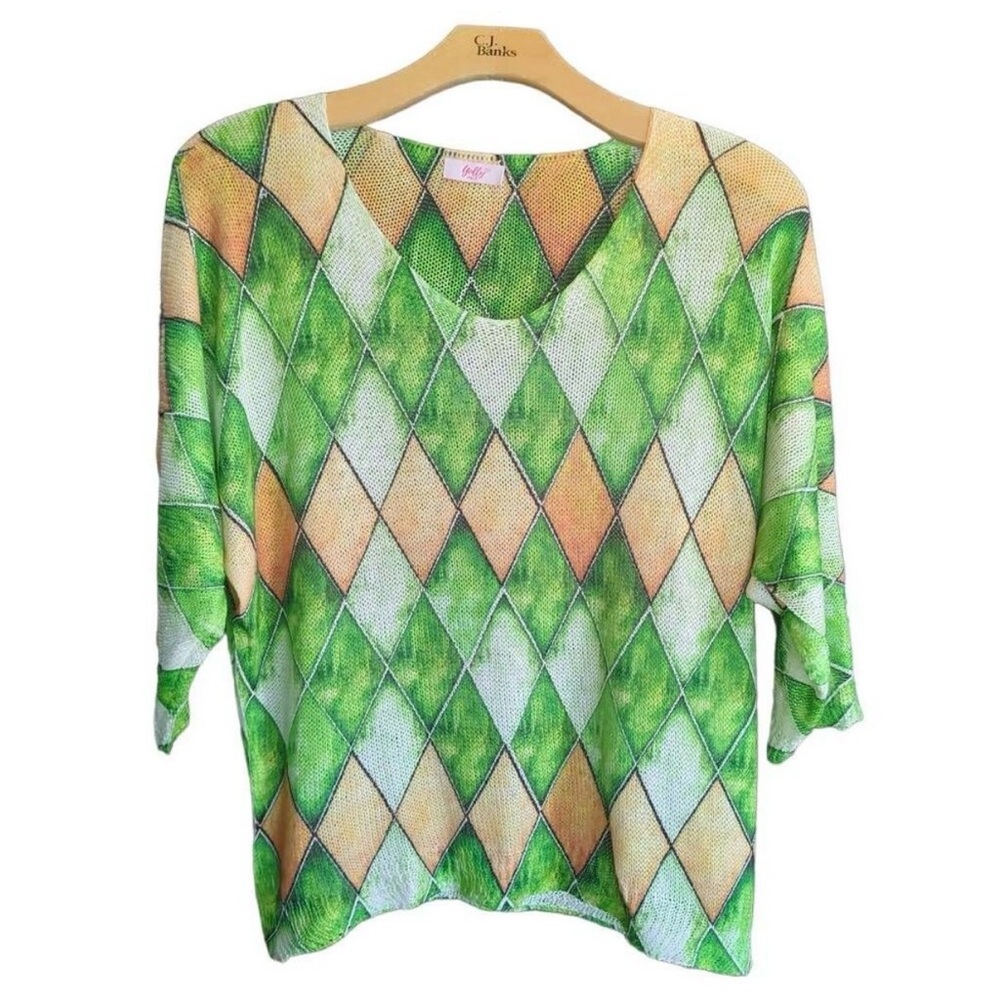 Yolly Italy Green Gold Diamond Pattern Sweater Size Large